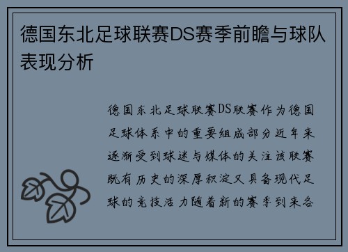 德国东北足球联赛DS赛季前瞻与球队表现分析
