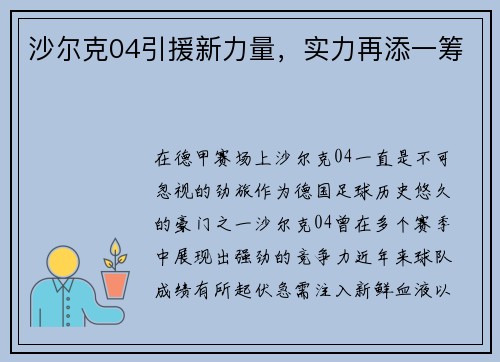 沙尔克04引援新力量，实力再添一筹